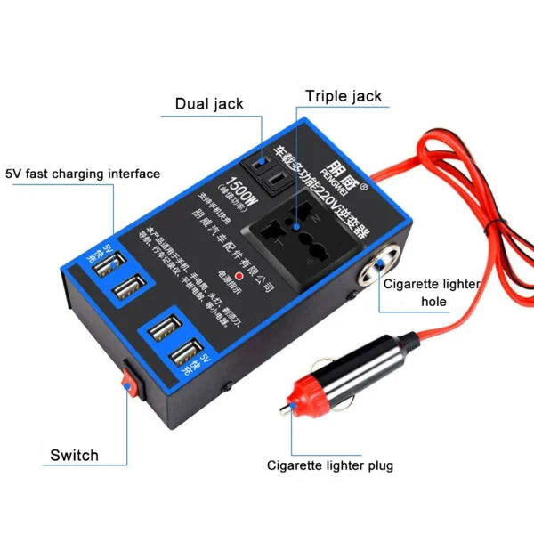 ⁦محول طاقة DC12V/24V إلى 220V – عاكس 1500 واط مع مآخذ USB".⁩ - الصورة ⁦2⁩