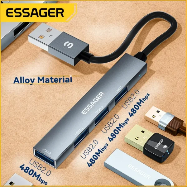 "Essager USB C Hub 4 في 1 – محول متعدد الوظائف عالي السرعة"